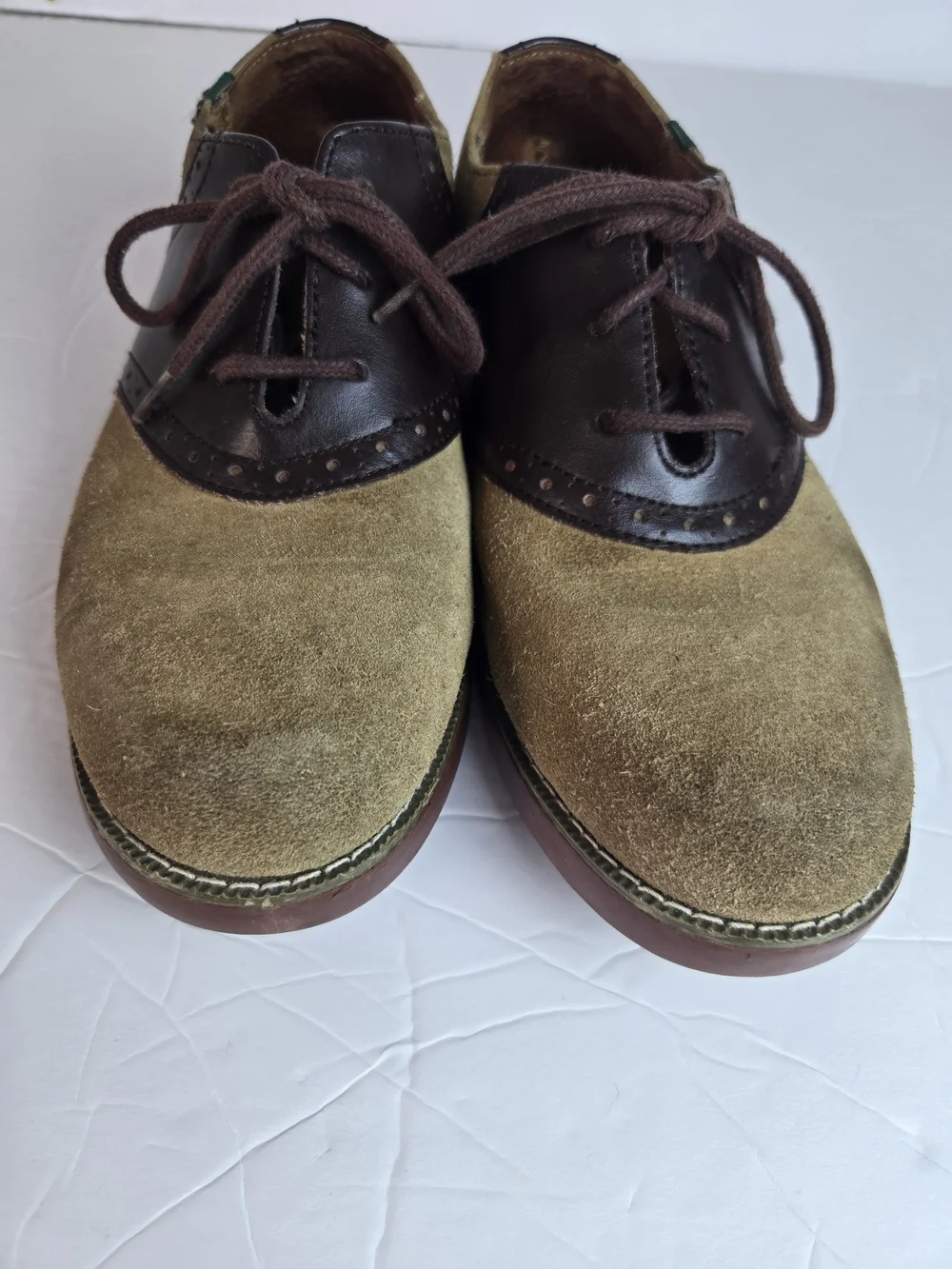 Varsity Two-Tone Suede and Leather Oxfords in Olive and Dark Brown